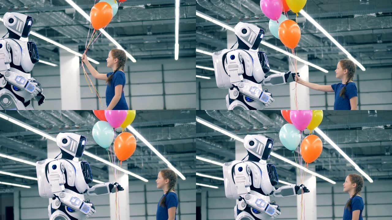 一个孩子给一个白色机器人气球，特写镜头。