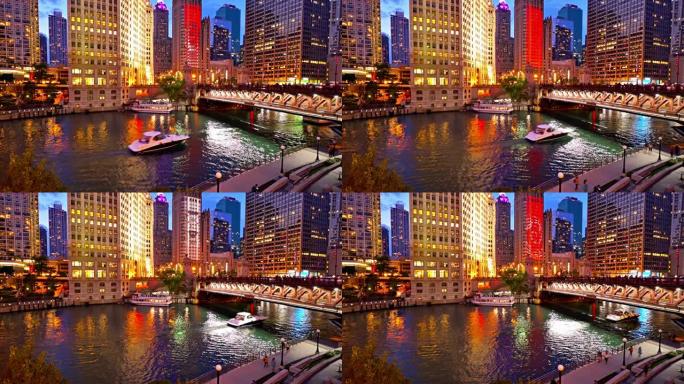 船在桥下穿过芝加哥河。金融区。照明城市。路灯。忙碌的生活。