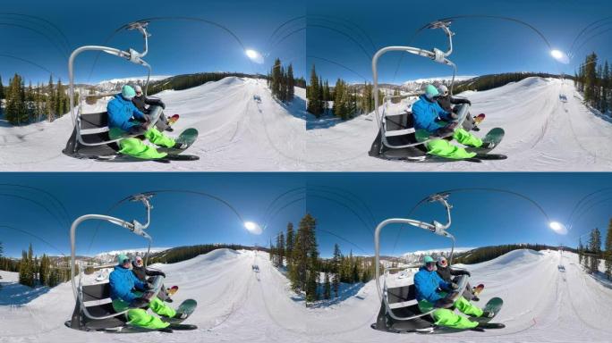 360VR: 两名滑雪者乘坐升降椅，环顾寒冷的风景
