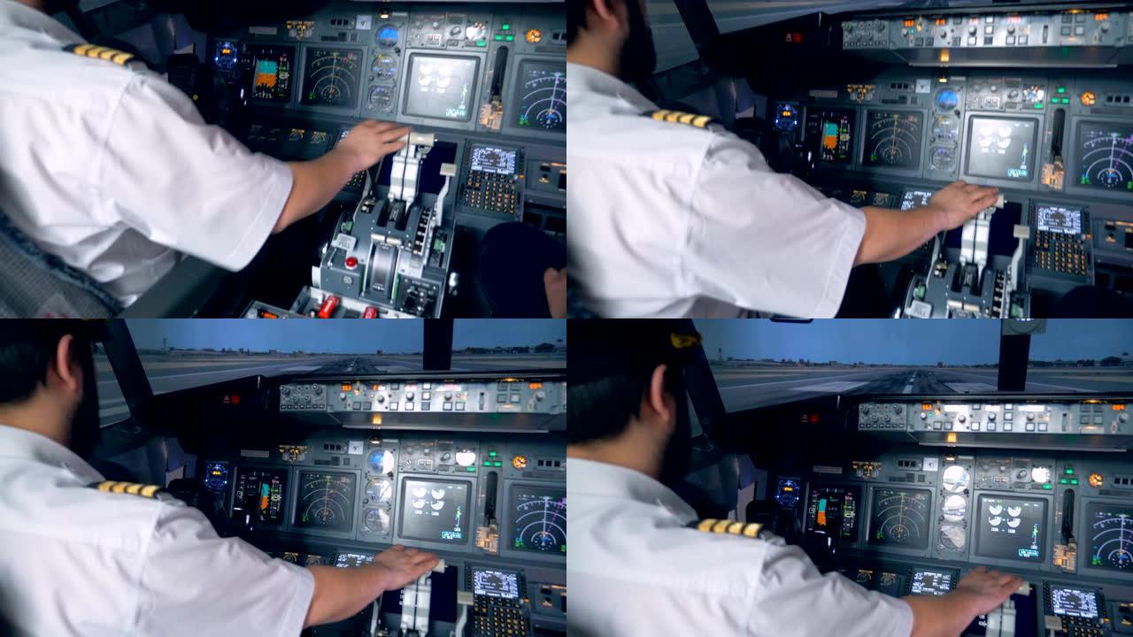 飞行员推动推力杆手柄的手，用于发动机控制。4K。