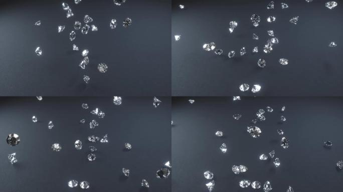 3D渲染，钻石在慢动作中掉落并在灰色纹理表面上跳动