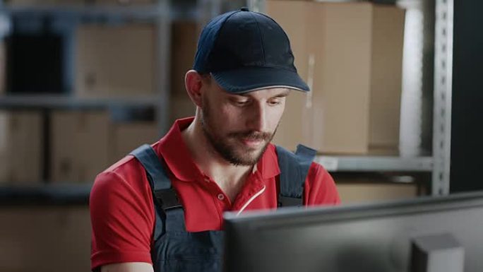 穿制服的工人坐在仓库的办公桌前使用个人电脑的肖像。在背景中，房间里摆满了纸板箱包装的架子，准备发货。