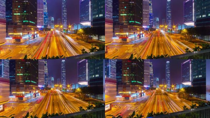 (缩小) 交通延时和香港摩天大楼城市景观在夜间。