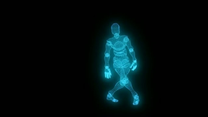跳舞的蓝色发光3d角色人工智能来自黑色孤立背景上的多边形无缝循环动画