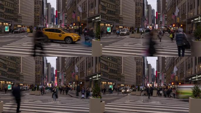 延时: 日落之夜，游客行人在纽约时代广场拥挤