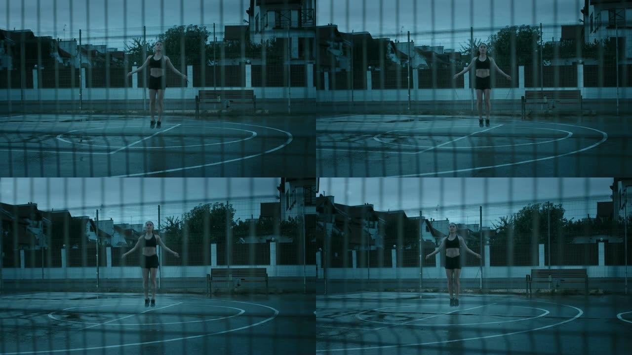 穿着黑色运动上衣和短裤的美丽精力充沛的健身女孩正在跳绳。她正在一个有围栏的室外篮球场里锻炼身体。从栅