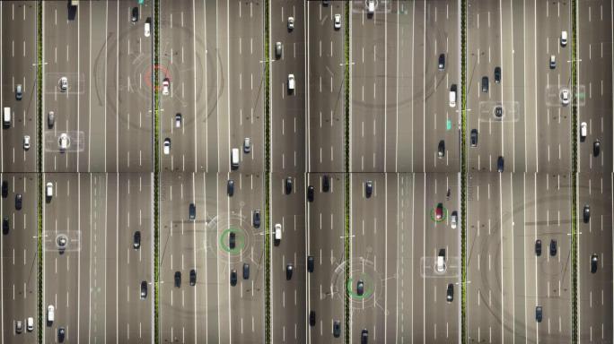 汽车经过前往城市的高速公路的鸟瞰图，并出现了未来主义的图形