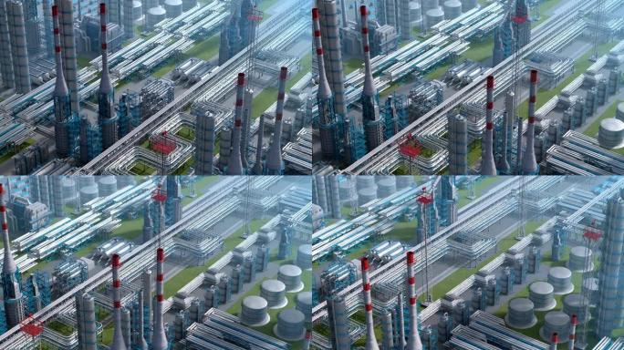 石油和天然气精炼厂工厂，清晰的等距视图，工业石油区，钢管和储油罐。空中无人机飞越植物拍摄。3D生成的