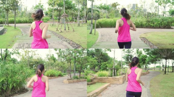 健康美丽的年轻亚洲跑步女子穿着运动服在城市公园的街道上跑步和慢跑。生活方式适合和积极的女性在城市概念