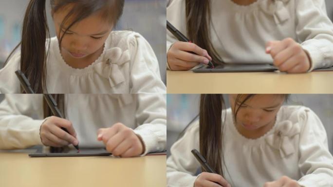 女孩在垫子上写字听课上网课特写