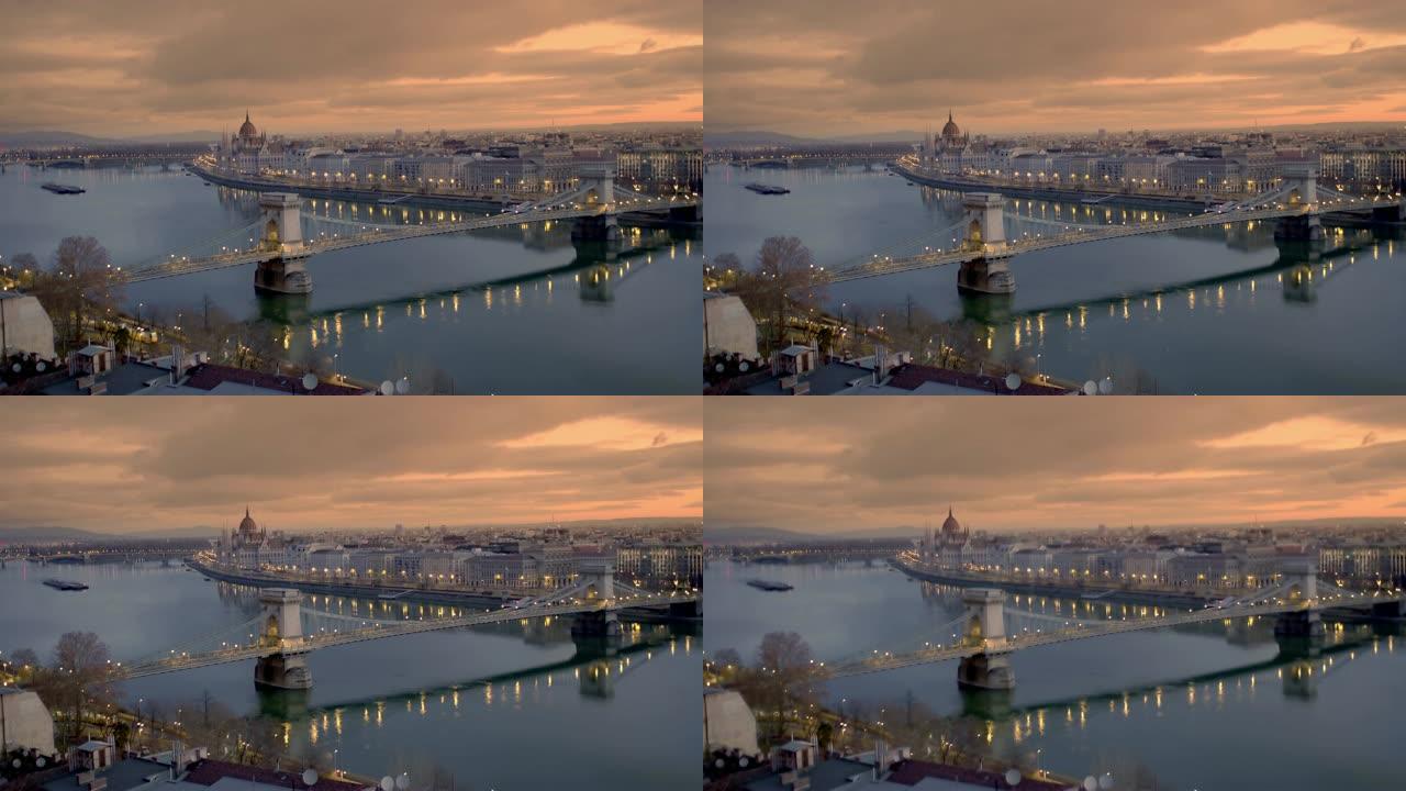 匈牙利布达佩斯黎明时城市和多瑙河的WS视图