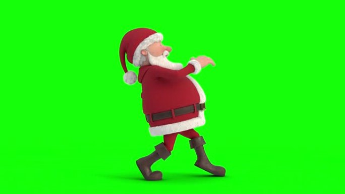 圣诞老人在绿屏背景上偷偷摸摸。无缝循环3d动画。侧视图
