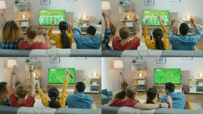 在家里，各种各样的体育迷坐在沙发上观看电视上的重要足球比赛，他们为球队加油，在球队进球后庆祝胜利。舒