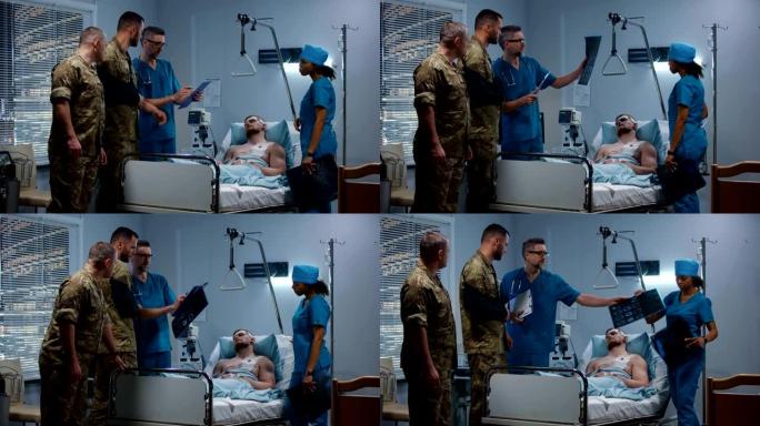 医生在医院给探访士兵看x光片