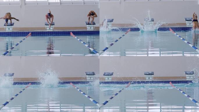 游泳者潜入游泳池跳水跳入水中自由泳