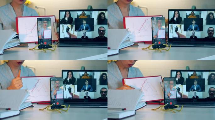 一名妇女和她的同事举行的视频电话会议。在线会议，使用可视电话进行远程工作。