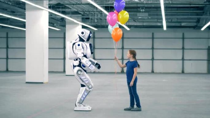 小女孩把气球送给机器人，侧视图。学校的孩子，教育，科学课的概念。