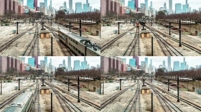 在美国伊利诺伊州芝加哥的现代建筑中，铁路轨道与火车的4k时间流逝