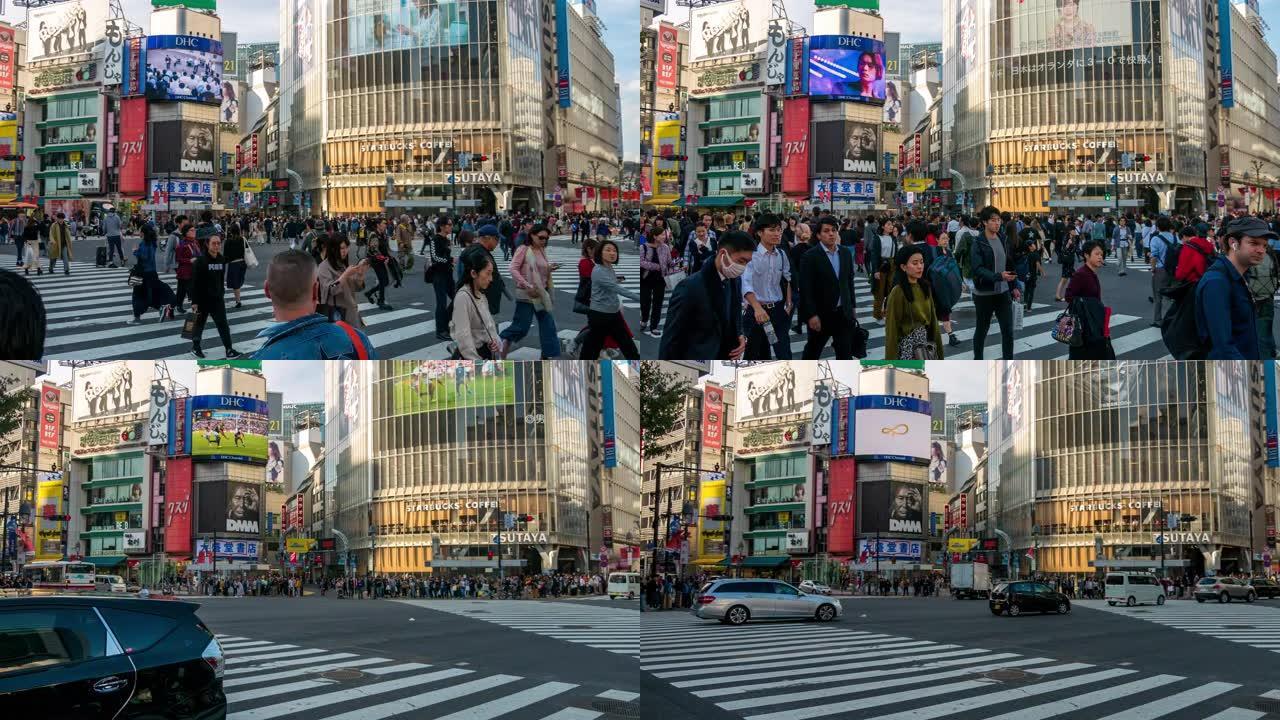 涩谷十字路口的时间流逝与更多的人在高峰时间，日本东京