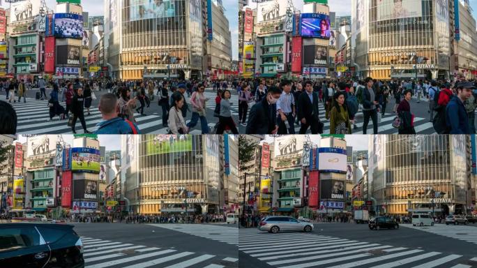 涩谷十字路口的时间流逝与更多的人在高峰时间，日本东京