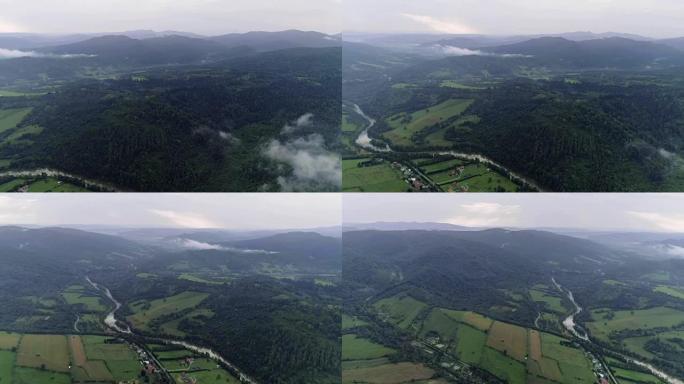 探索荒野。有河的山地景观。鸟瞰图