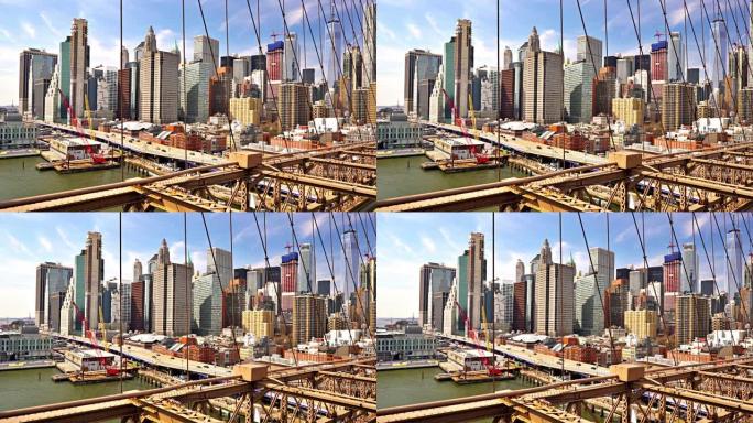 令人敬畏的曼哈顿中城天际线与自由塔和其他地标。穿过布鲁克林大桥的城市景观。旅游目的地。商业和金融建筑