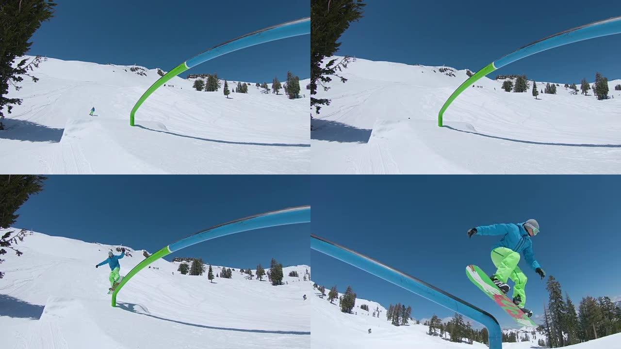 低角度: 男性滑雪者在风景秀丽的滑雪胜地滑下金属栏杆。
