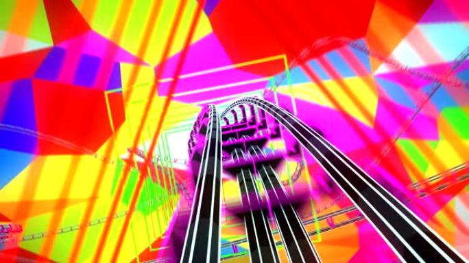在过山车上闪烁的彩色小平面上穿越抽象空间，速度极快。迷幻骑行的循环3d动画。