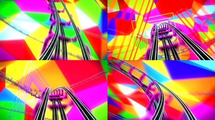 在过山车上闪烁的彩色小平面上穿越抽象空间，速度极快。迷幻骑行的循环3d动画。