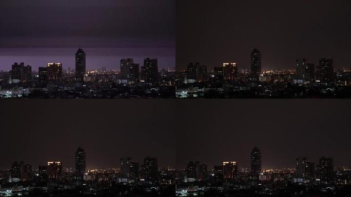 4k镜头在泰国曼谷城市景观河边，自然和城市景观概念的夜晚有雷雨云的闪电场景
