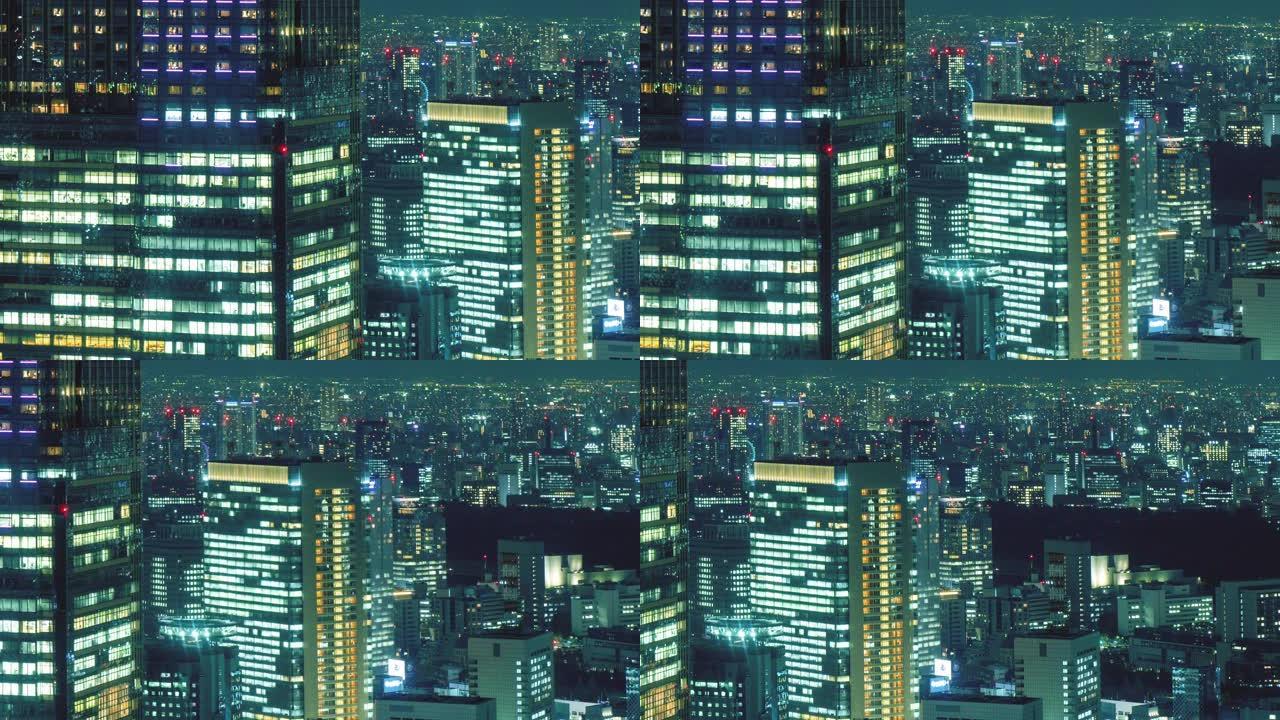 夜间摩天大楼的壮丽景色，延时4k向右平移