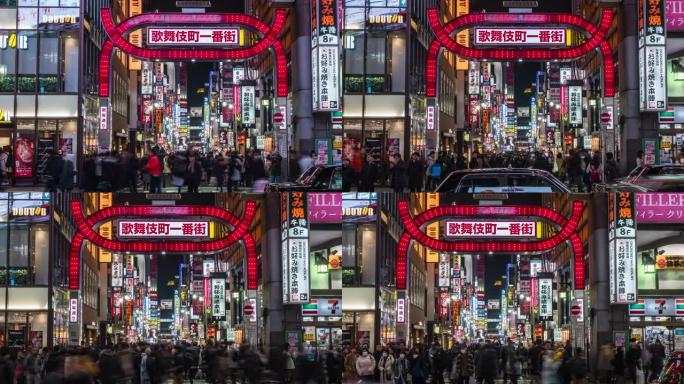 日本新宿东京市，歌舞伎町夜间的4k时间流逝，人群不明的人走在街上，交通拥挤。日本文化与购物霓虹灯街概