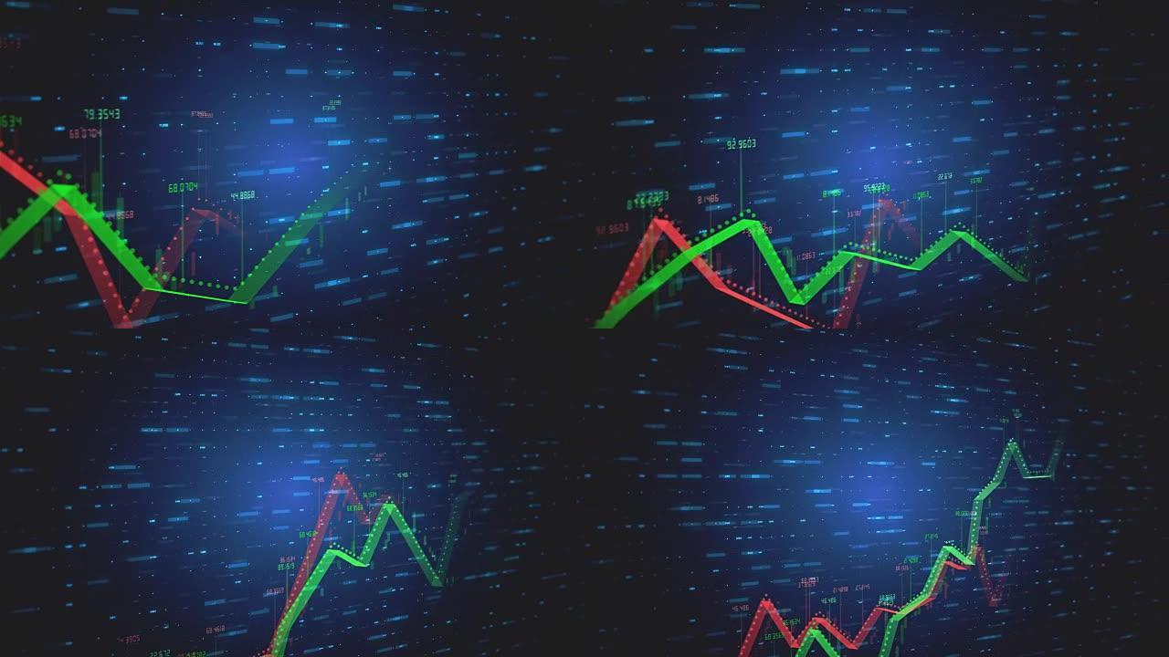 两个不断增长的线性3D图形显示正负增长和趋势，数字为红色-绿色在蓝色科技背景与运动