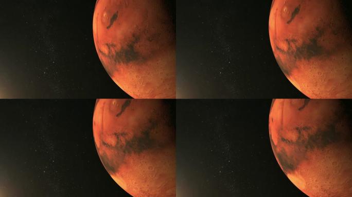 火星行星。从太空看。火星缓慢旋转。这颗行星被太阳照亮。星星闪烁。4K.行星在框架的右边。