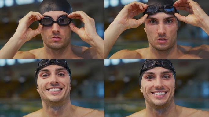 带有谷歌和帽子的微笑专业游泳者的肖像对他在慢动作游泳池中的成绩感到满意。