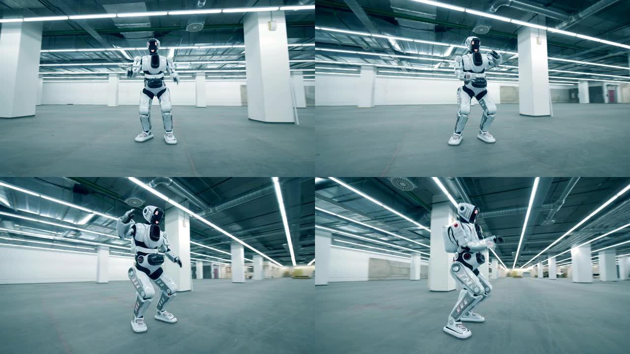 一个机器人独自在一个房间里跳舞，特写镜头。