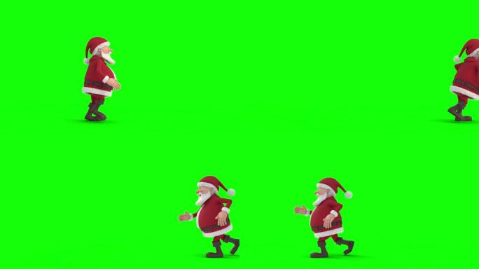 圣诞老人在绿屏背景上偷偷溜走。无缝循环3d动画。侧视图