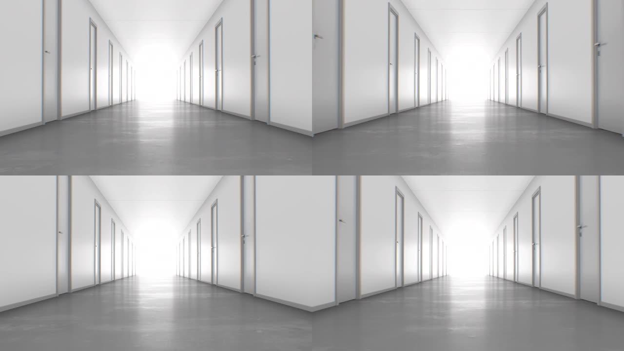 穿过关着门的无尽走廊走向光明。毛圈的3 d动画。光在最后，商业和技术的概念。