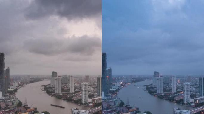 曼谷市垂直拍摄，日夜时间流逝