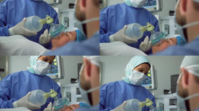 高加索女性外科医生在医院手术室中手术孕妇的特写