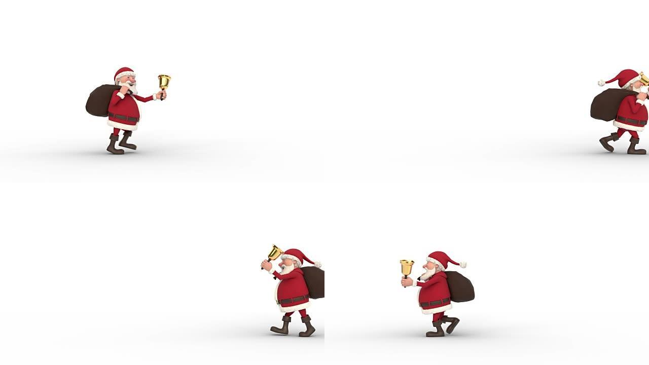圣诞老人在屏幕上的白色背景上行走。无缝循环3d动画