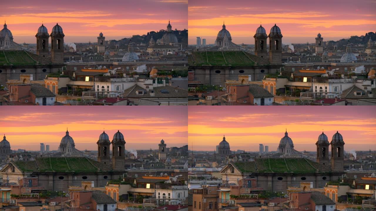 意大利罗马。日出时城市的风景全景。粉色和金色的天空。UHD