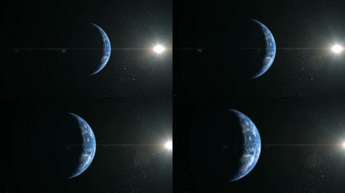 来自太空的地球。地球正在接近并向左移动。摄像机飞来飞去。星星闪烁。4K。一小部分被右边的太阳照亮。