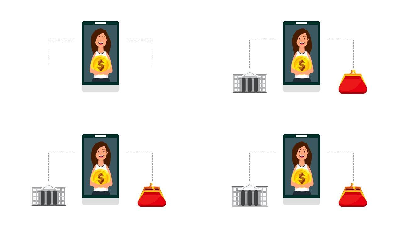 智能手机和财务图标中的女商人