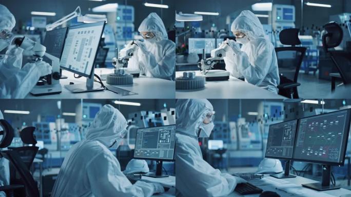 现代工厂: 清洁无菌工作服的工程师和科学家团队在台式计算机上工作，使用显微镜，开发用于高科技医疗电子