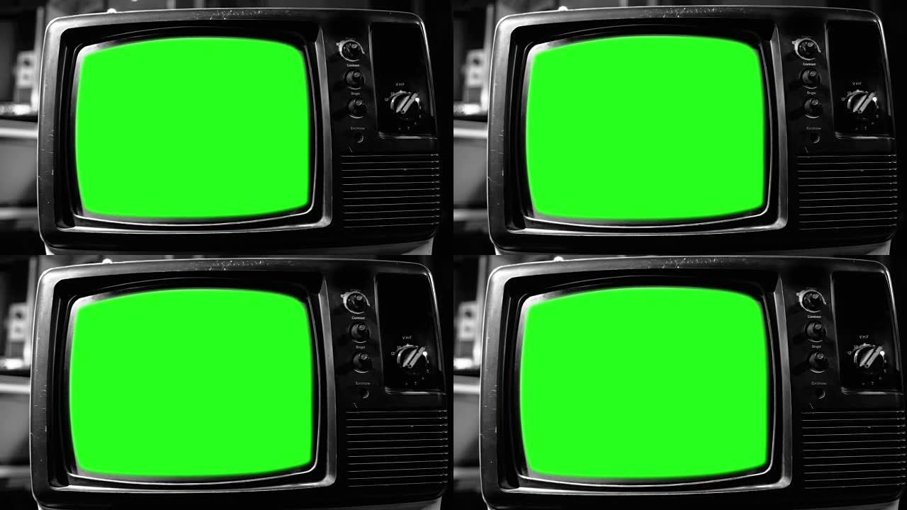 老式电视绿屏。80年代的美学。黑白放大。