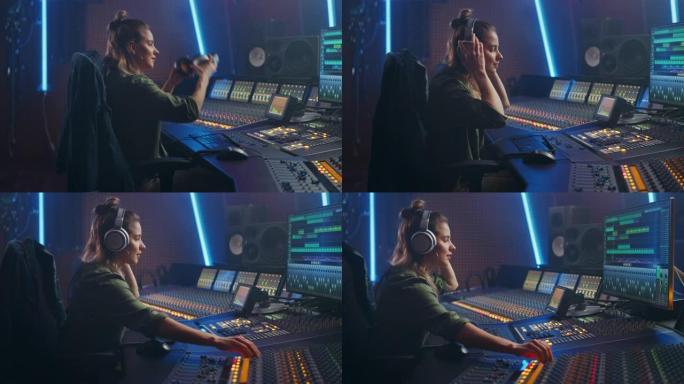 时尚的女艺术家音乐家，音频工程师，在音乐唱片工作室工作的制作人，使用Control Desk Mix