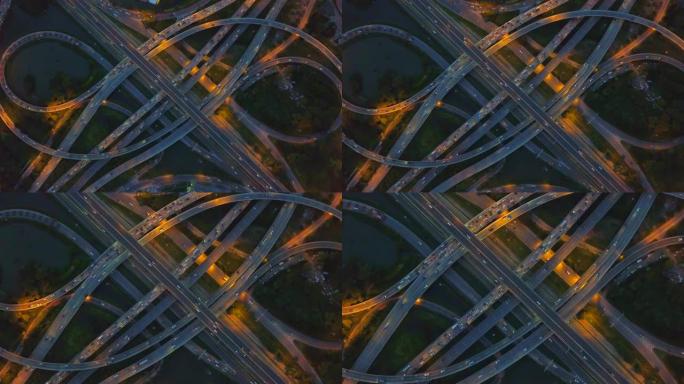 夜间十字路口细节中的高速公路，高速公路和高速公路的俯视图