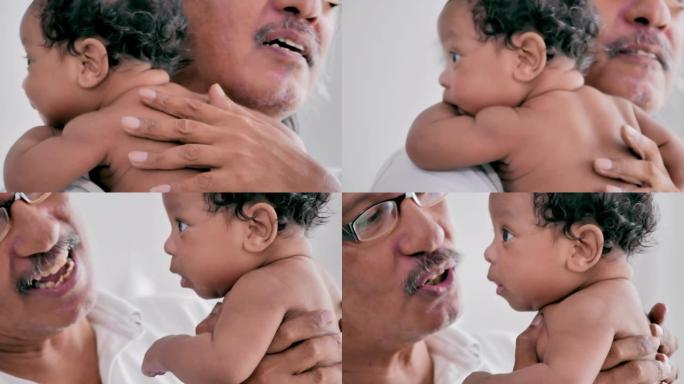 快乐的非洲裔美国祖父认识孙子呆在家里预防冠状病毒或Covid-19.New的流行病，人寿保险，生活方