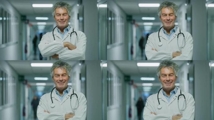 微笑的男医生的肖像对他在医院走廊的工作感到满意。
